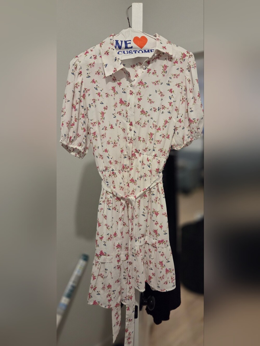 AQUA Floral Tie-Waist Shirt Dress - White with Pink Floral